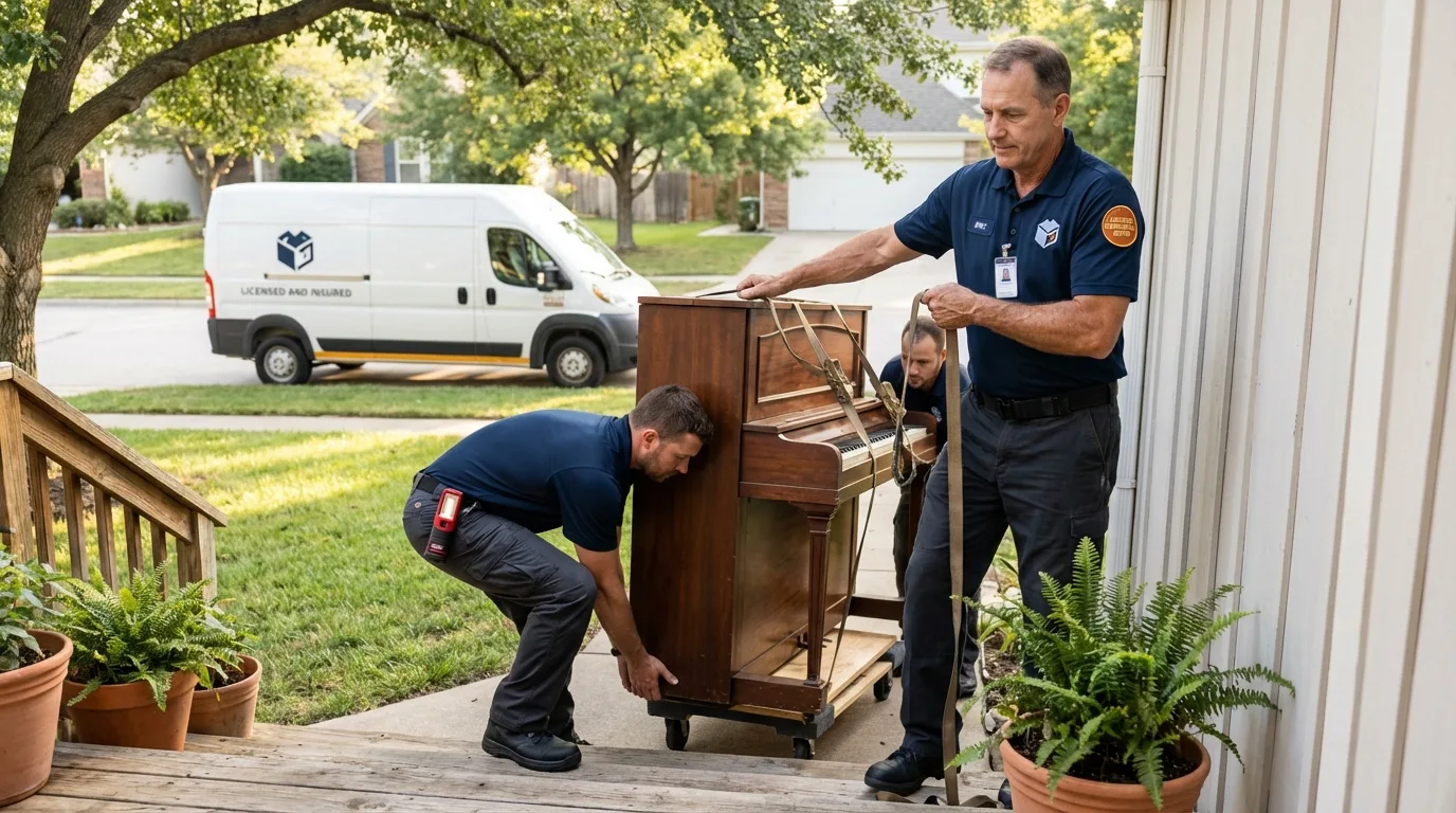 Licensed piano movers securing grand piano in Mattapoisett, MA
