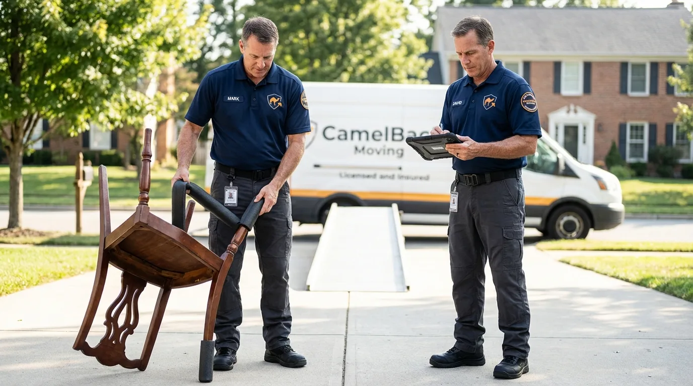Movers inspecting furniture for damage prevention before loading in Mattapoisett, MA