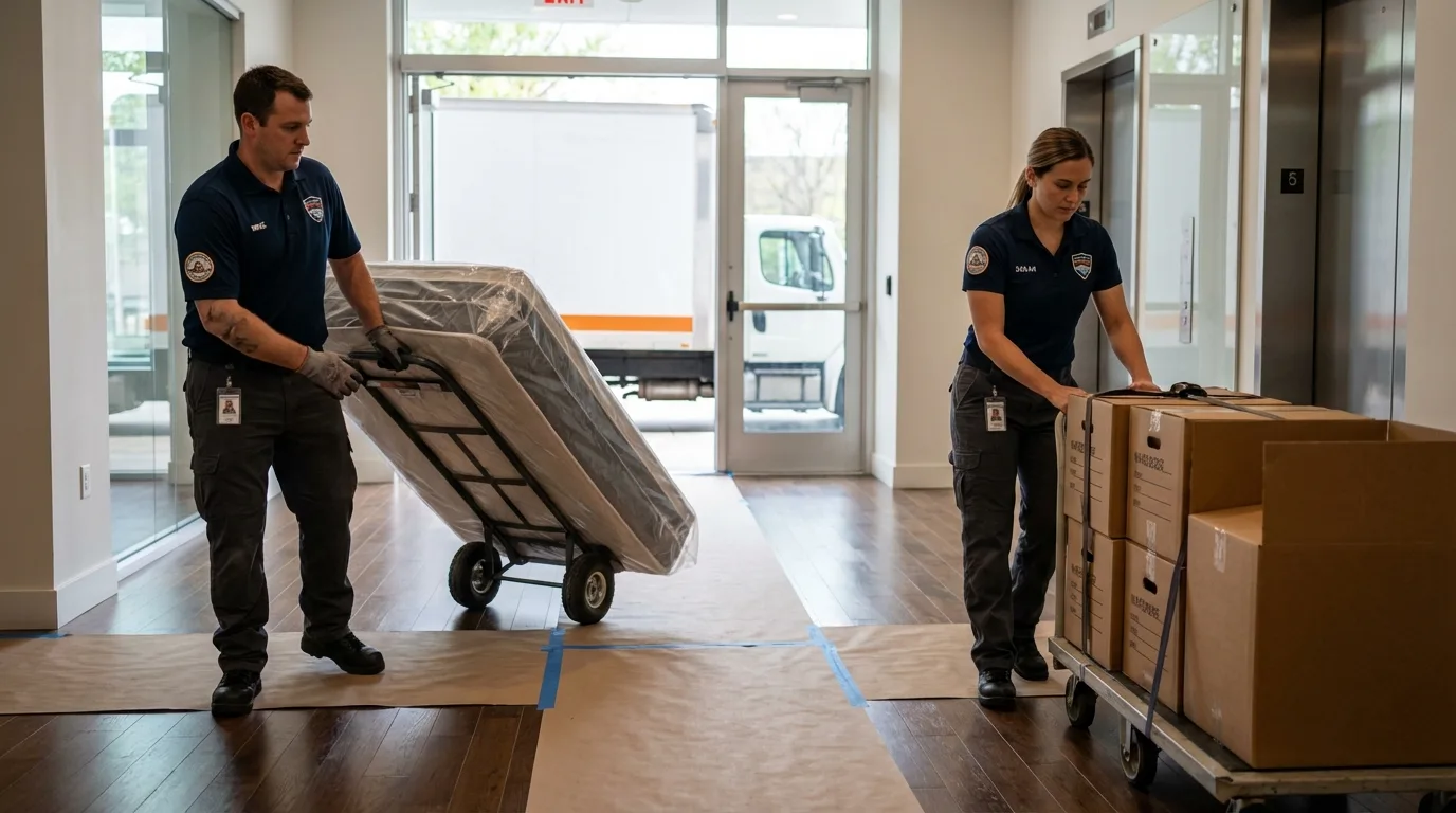 Professional apartment movers loading elevator in Mattapoisett, MA
