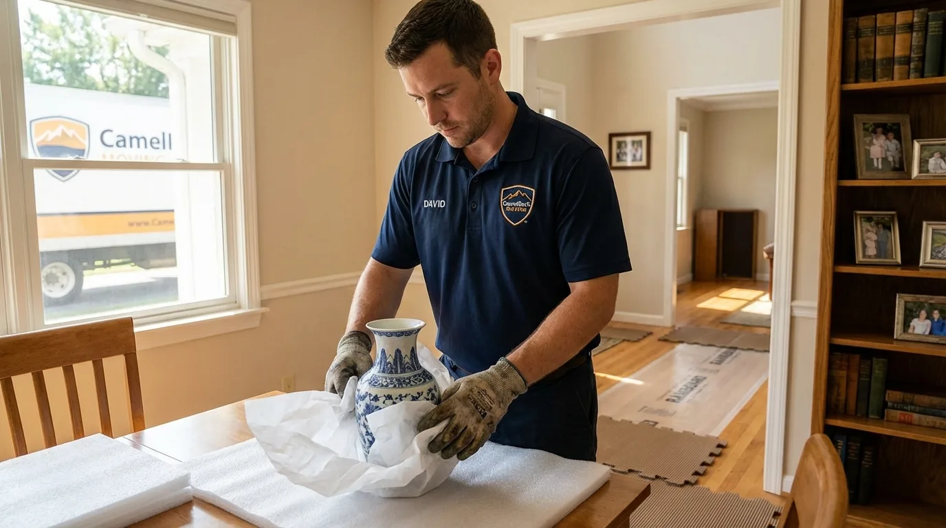 Professional crew carefully wrapping antique vase for senior downsizing move in Mattapoisett, MA