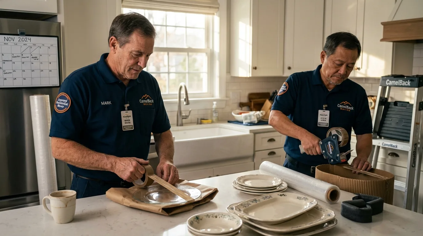 Professional crew packing kitchen dishware in Mattapoisett, MA